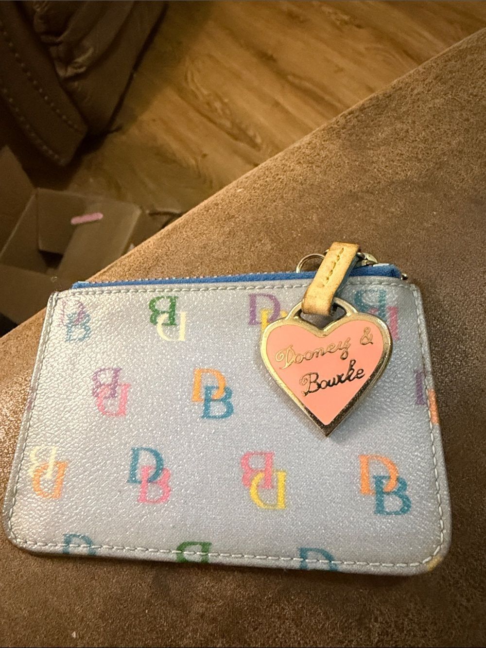 Dooney & Bourke Silver Multicolor DB Logo Card Case with Pink Heart Charm